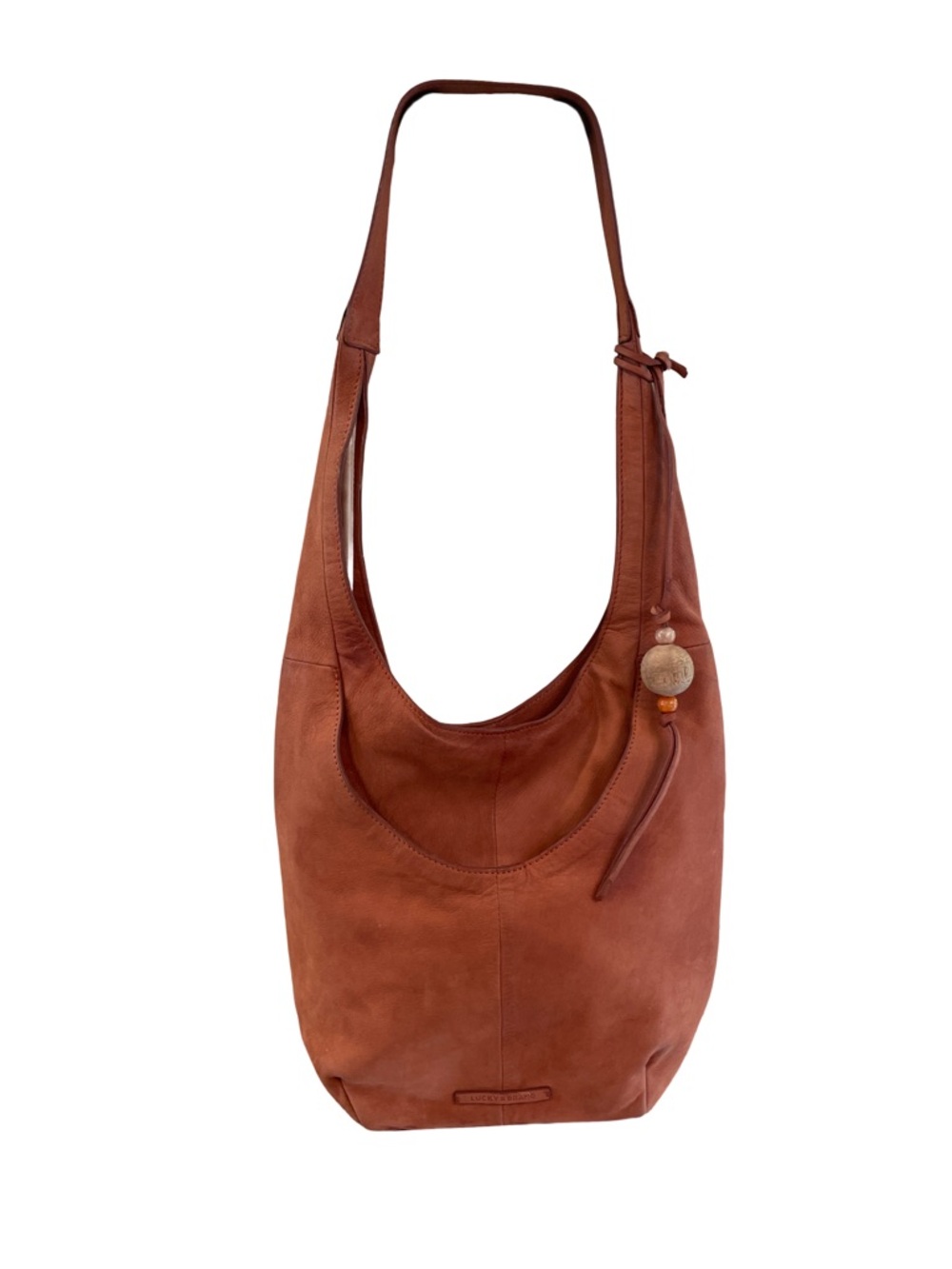 Lucky Brand Russet Leather Boho Hobo Bag with Stone Bead Detail